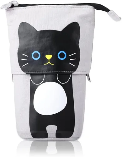 Miniatura 8 de iSuperb - Portalápices convertible para soporte y almacenamiento, de lona y poliuretano, con caricatura de gato adorable; cartuchera telescópica