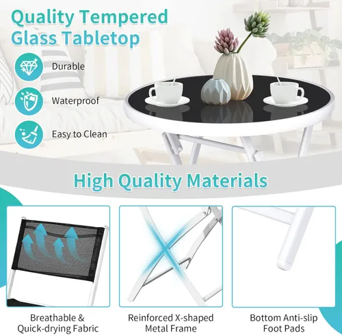 Miniatura 5 de HAPPYGRILL Juego de 3 piezas de bistró plegable para patio, juego de silla y mesa plegable al aire libre con tela transpirable, mesa de vidrio Negro
