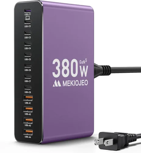 Miniatura 8 de MEKIOJEO 12 puertos de aleación de aluminio 380W estación de carga rápida USB C Bloque de cargador 65W cargador GaN para MacBook Pro/Air/iPad