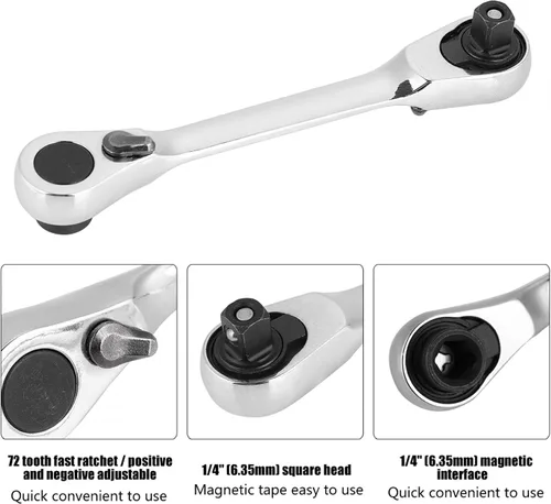 Miniatura 5 de Llave de trinquete plateada rechoncha – Mini llave de trinquete de doble cabeza de 1/4 pulgadas y destornillador de punta de destornillador de 72