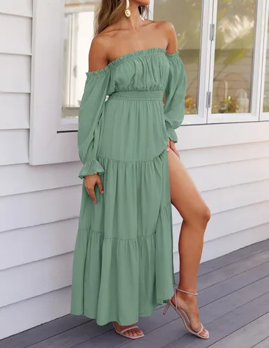 Miniatura 93 de ZESICA - Vestido largo, bohemio y sexy, con hombros descubiertos y manga larga fruncida, con elástico fruncido, cintura alta y abertura lateral