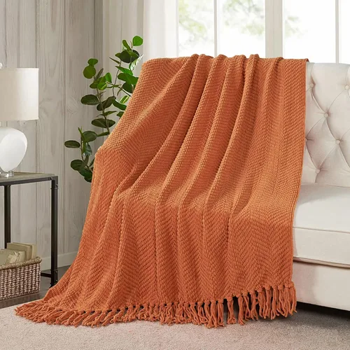 Miniatura 2 de Manta de tweed con borlas de flecos para sofá, decoración del hogar, cama, sofá, silla, 50 x 60 pulgadas, naranja óxido