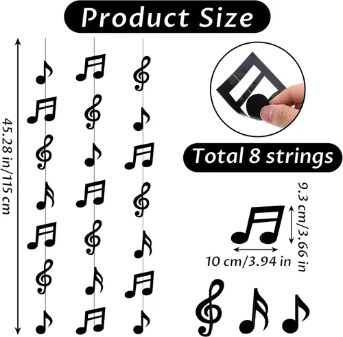 Miniatura 2 de 8 piezas de notas musicales para decoración de fiestas, notas musicales negras, suministros de fiesta temática musical, guirnalda de notas musicales
