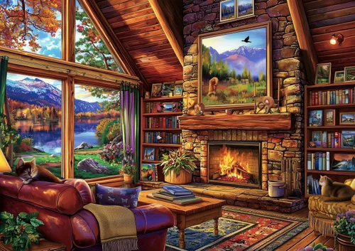 Miniatura 11 de Rompecabezas de 300 piezas para adultos: Hermosa escena de lago de montaña de otoño con cabaña junto al lago, paisaje natural y vista del porche