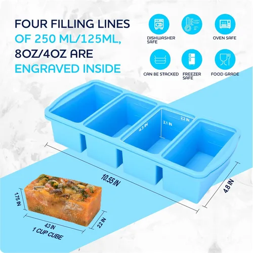 Miniatura 8 de ZIP STANDING Bandejas de silicona para congelador con tapa, contenedor para sopa de 1 taza, moldes grandes para cubitos de hielo con anillo de acero
