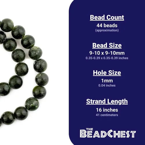 Miniatura 4 de TheBeadChest - Cuentas redondas de jade nefrita verde oscuro de 25/64 pulgadas (0.394 in), hebra de 16 pulgadas