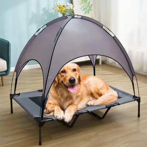 Miniatura 5 de Cama elevada impermeable para perros con toldo y malla de refrigeración – Cuna elevada portátil para perros grandes, tienda de campaña para Gris