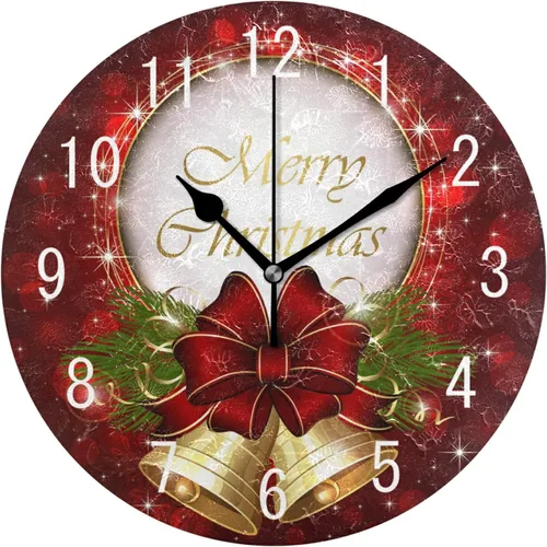 ALAZA Decoración del hogar Feliz Navidad Campana Estrella Redonda Acrílico 9.84 Pulgadas Reloj de Pared No Ticking Silencioso Reloj Arte para Sala