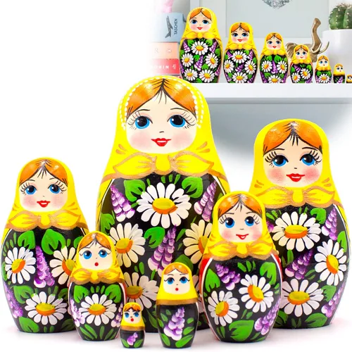 AEVVV Juego de 7 muñecas rusas de Matryoshka - Muñecas rusas en vestido de Sarafan con manzanilla pintada a mano y flores lilas - Русские Матрески