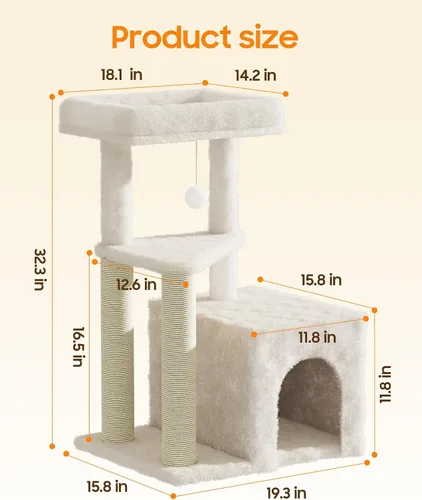 Miniatura 4 de Torre de árbol para gatos de interior, condominio para gatos de varios niveles de 33 pulgadas con postes rascadores, percha grande, juguete colgante