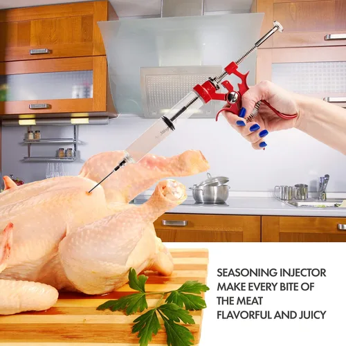 Miniatura 8 de Inyector de Carne Pistola de Marinado de Acero Inoxidable Kit Exterior Jeringas de Alimentos con Sabor y 4 Agujas de Marinados para Parrilla BBQ Rojo