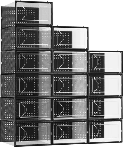 Foluck Caja de almacenamiento de zapatos, paquete de 15 organizadores de zapatos apilables de plástico transparente para armario, diseño entrelazado