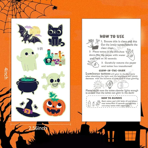 Miniatura 4 de Ozepao Juego de 10 hojas de calcomanías temporales de tatuaje de Halloween, 88 diseños únicos con calabazas, calaveras, esqueletos, fantasmas