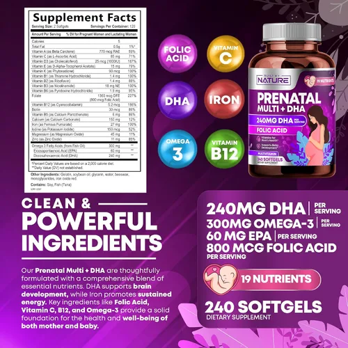 Miniatura 8 de Vitaminas prenatales para mujeres - Multivitamínico con DHA, ácido fólico, vitamina C, B12, hierro y Omega-3 - Suplemento antes, durante y después