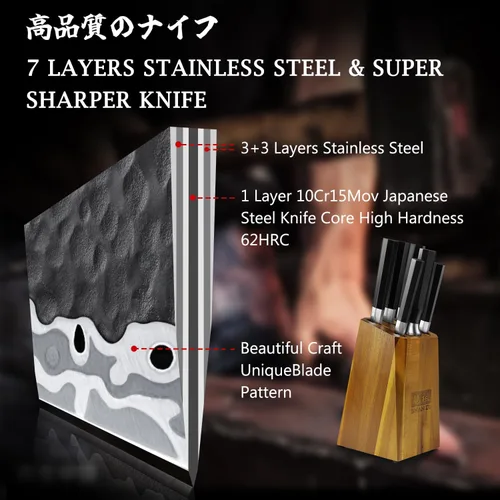 Miniatura 4 de SHAN ZU Juego de Cuchillos Japoneses de 7 Piezas - 7 Capas 10Cr15MoV Juego de Cuchillos de Cocina de Acero con Alto Contenido de Carbono con Bloque