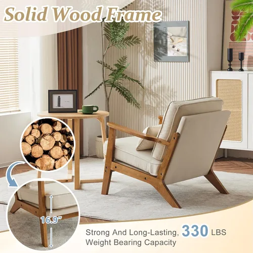 Miniatura 4 de VINGLI Silla decorativa de madera maciza con reposabrazos anchos, silla moderna tapizada de mediados de siglo con almohada, cómoda silla de lectura