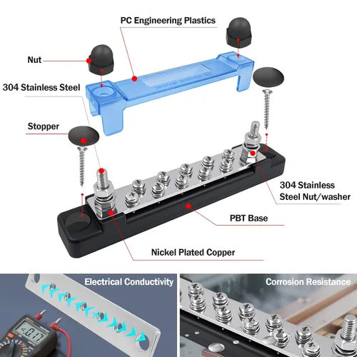 Miniatura 3 de LENKRAD Barras de autobús marinas M6 de 12 V, bloque de distribución de batería impermeable, bloque de terminales de alimentación de 150 A con 2