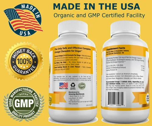 Miniatura 6 de Amazing Omega 3 para perros, suplemento de aceite de pescado, 120 masticables de tocino, vitaminas para perros para aliviar la picazón en la piel