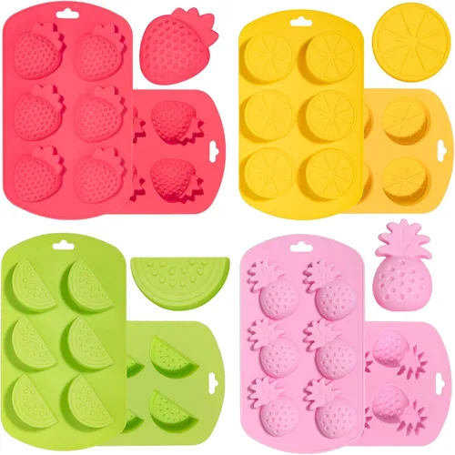 Whaline Paquete de 4 moldes de silicona en forma de fruta, piña, limón, sandía, fresa, chocolate, caramelo, molde para hornear, molde de hielo de