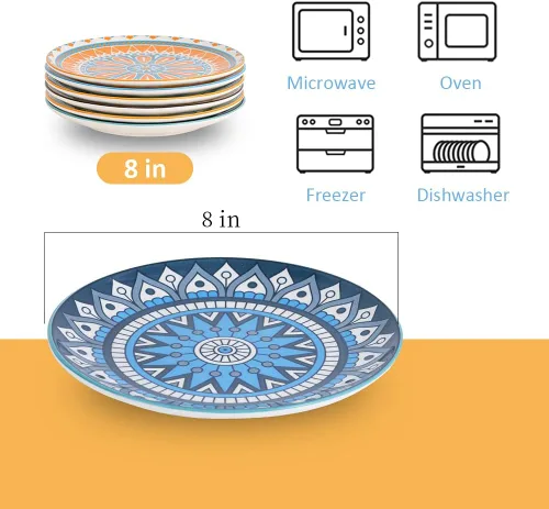 Miniatura 2 de Juego de 6 platos de postre de 8 pulgadas de cerámica para ensalada y aperitivos - Colores vibrantes para mezclar y combinar - Aptos para Mándala