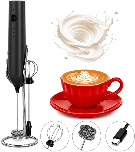 Varita espumadora de leche de mano recargable con soporte, espumador de leche de doble batidor de mano, 3 niveles de velocidad, agitador de café,