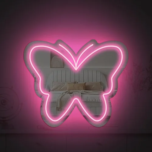 Miniatura 8 de Espejo de mariposa de anime con luces de letreros de neón para vestuario, sala de estar, dormitorio de niña, bonito espejo acrílico con atenuación