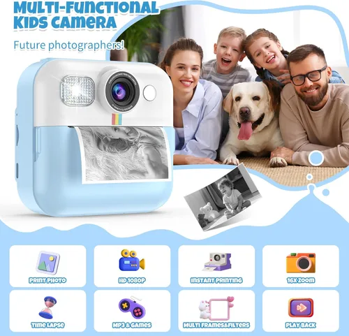 Miniatura 2 de Cámara para Niños Varones, Cámara de Juguete Portátil de Impresión Azul para Niños Pequeños 1080P Cámaras de Video Niños Cámara de Impresión