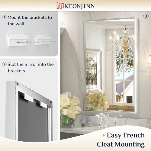 Miniatura 5 de Keonjinn Espejo de baño plateado de 48 x 36 pulgadas para colocar sobre el fregadero, espejo de pared rectangular grande con marco de metal Plata