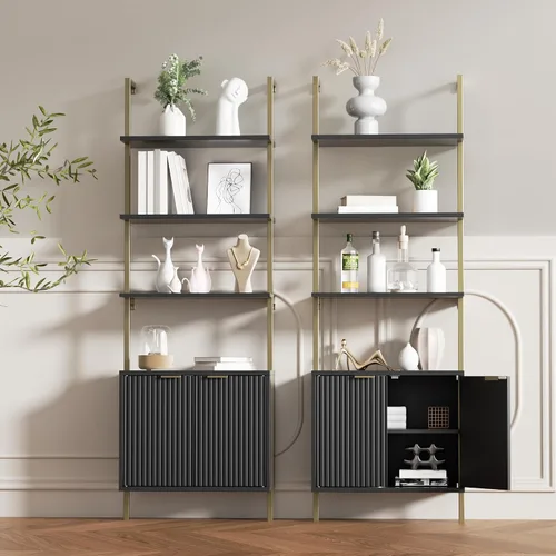 Miniatura 8 de Estantería de escalera con gabinete, estantería de pared de 71 pulgadas de alto con estantes y almacenamiento, estante de escalera estriado