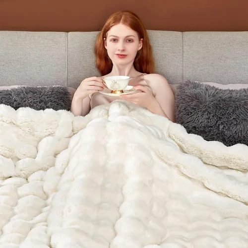 Miniatura 9 de Touchat - Manta de lujo de 1000GSM de pelo sintético de conejo, cobija súper pesada y cálida y acogedora para sofá, cama, sillón, esponjosa, Blanco