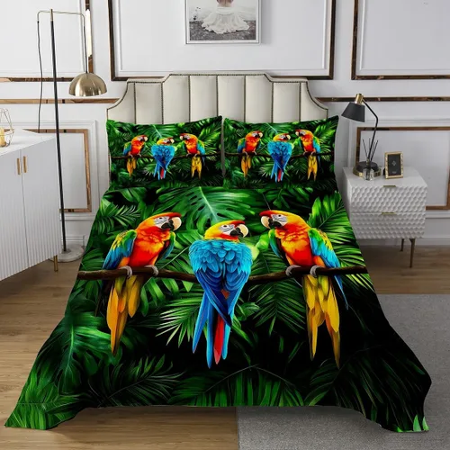 Miniatura 2 de Erosebridal Juego de colcha de loros con plumas de animales en acuarela, juego de colcha de hojas de palma, plantas tropicales, pájaros, cómodo
