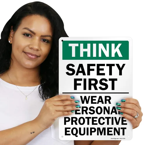 Miniatura 2 de SmartSign - S-2917-AL-14 Letrero "Think Safety First - Use equipo de protección personal" Aluminio de 10" x 14" Aluminio 10" x 14" Aluminio