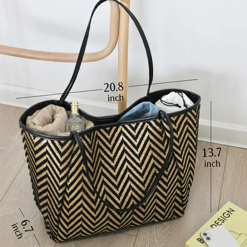 Miniatura 4 de HOXIS Bolso de playa de gran tamaño con ribete de cuero vegano para mujer