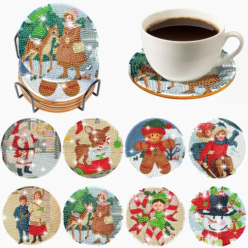 XEFINAL Posavasos de Pinturas de Arte de Diamantes Vintage de Navidad Posavasos de Pintura de Arte de Diamantes con Soporte DIY Kits de Pintura de