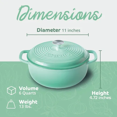 Miniatura 2 de Segretto Cookware Horno holandés de hierro fundido esmaltado, 6 cuartos de galón, verde claro Verde Chiaro (verde claro)