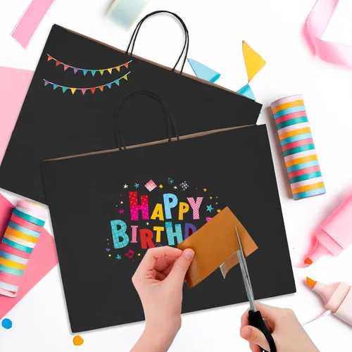Miniatura 5 de MESHA Bolsas de regalo grandes de 16 x 6 x 12 pulgadas, 50 unidades, bolsas de papel negro con asas a granel, bolsas de compras de papel kraft