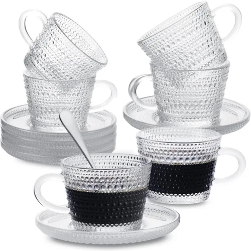 Miniatura 11 de Juego de 6 tazas de cristal para café espresso con platillos y cucharas de acero inoxidable, aptas para lavavajillas, para té, chocolate caliente