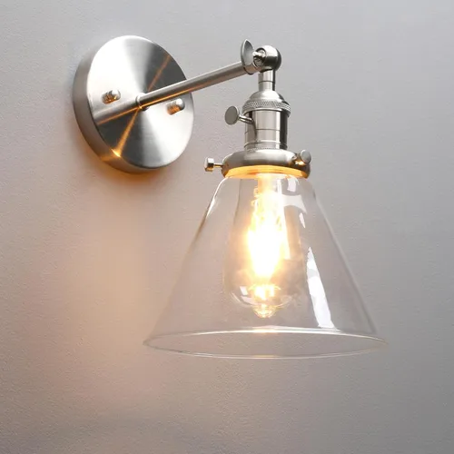 Miniatura 7 de 1 lámpara de pared vintage nostálgica con embudo de vidrio acampanado, pantalla de vidrio transparente, bombilla de filamento Edison incluida
