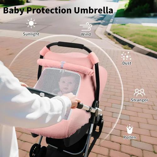 Miniatura 6 de Rquite Funda de asiento de automóvil para bebé, fundas de asiento de automóvil para niña y niño, algodón muselina transpirable, ventana de malla Rosa