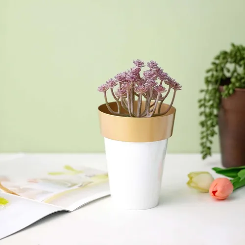 Miniatura 9 de Efavormart - Paquete de 2 macetas decorativas para interiores y jardines con borde blanco y dorado de 6 pulgadas