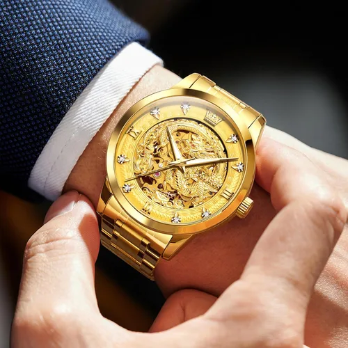 Miniatura 5 de OLEVS Dragon Skeleton Reloj automático para hombre, 1.654 pulgadas, esfera grande, dorado, de lujo, cuerda automática, impermeable, acero