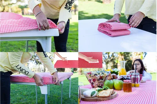 Miniatura 6 de TopTableCloth Mantel de vinilo de plástico con reverso de franela, 2 unidades, 6 pies, 72 x 30 pulgadas, mantel a cuadros rojos y blancos, esquina