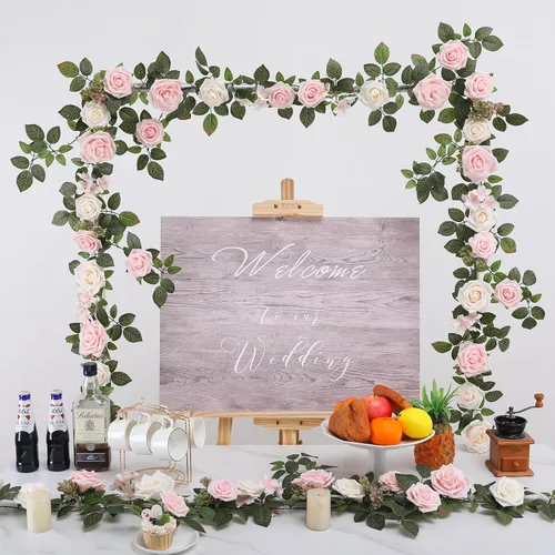 Miniatura 5 de Senseya Guirnalda de flores de rosas artificiales de 5 pies, vid floral falsa rosa rubor con hojas de rosa, guirnalda de flores rústicas para telón