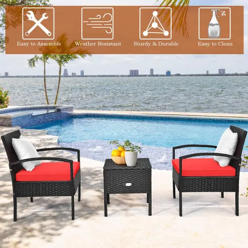 Miniatura 5 de Tangkula Juego de 3 piezas de mimbre para patio, muebles de ratán para exteriores con cojín grueso lavable y mesa auxiliar con espacio