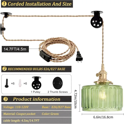 Miniatura 5 de Shenmoyl Lámpara Colgante Enchufable Accesorio de Luz Colgante con Cable Interruptor de Encendido/Apagado Lámpara Colgante de Latón con Pantalla