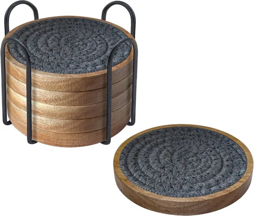 Miniatura 15 de Eykao Paquete de 5 posavasos absorbentes para bebidas, posavasos tejidos de 4.3 pulgadas para mesas de café, posavasos de madera para protección