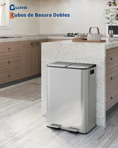 Miniatura 2 de GarveeHome 2 botes de basura dobles de acero inoxidable de 8 galones con tapa para cocina, combo grande de bote de basura dual y contenedor de Plata