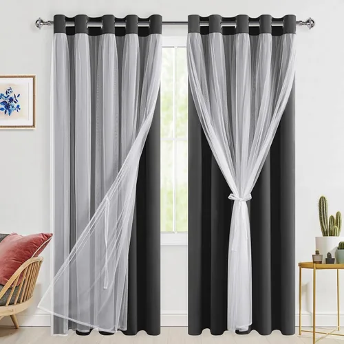 Miniatura 110 de Hiasan Cortinas opacas con superposición transparente, aislamiento térmico para mezclar y combinar de doble capa, cortinas de oscurecimiento de Beige