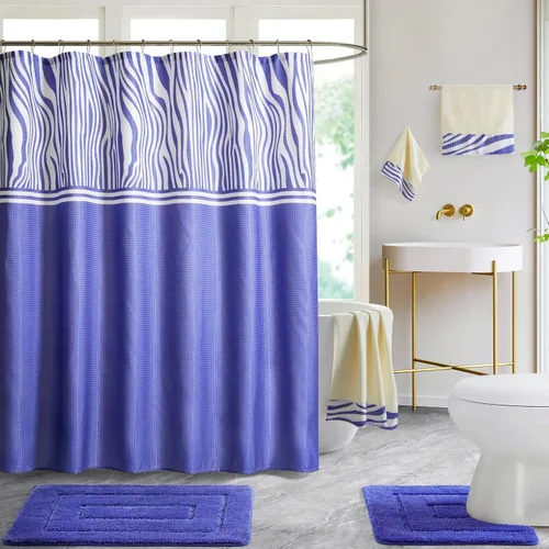 Miniatura 14 de WPM - Juego de alfombras de baño, toallas y cortina de ducha, juego de alfombras de baño con estampado de enrejado de color azul real