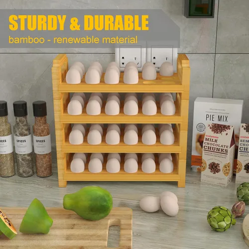 Miniatura 4 de Soporte para huevos de bambú, diseño apilable para huevos frescos, estante de almacenamiento de bandeja de huevos de granja, organizador de encimera